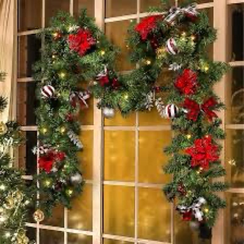 9 Ft Prelit Christmas Garland, Artificial Green Christmas Garland with Lights, Decoratived with Gree