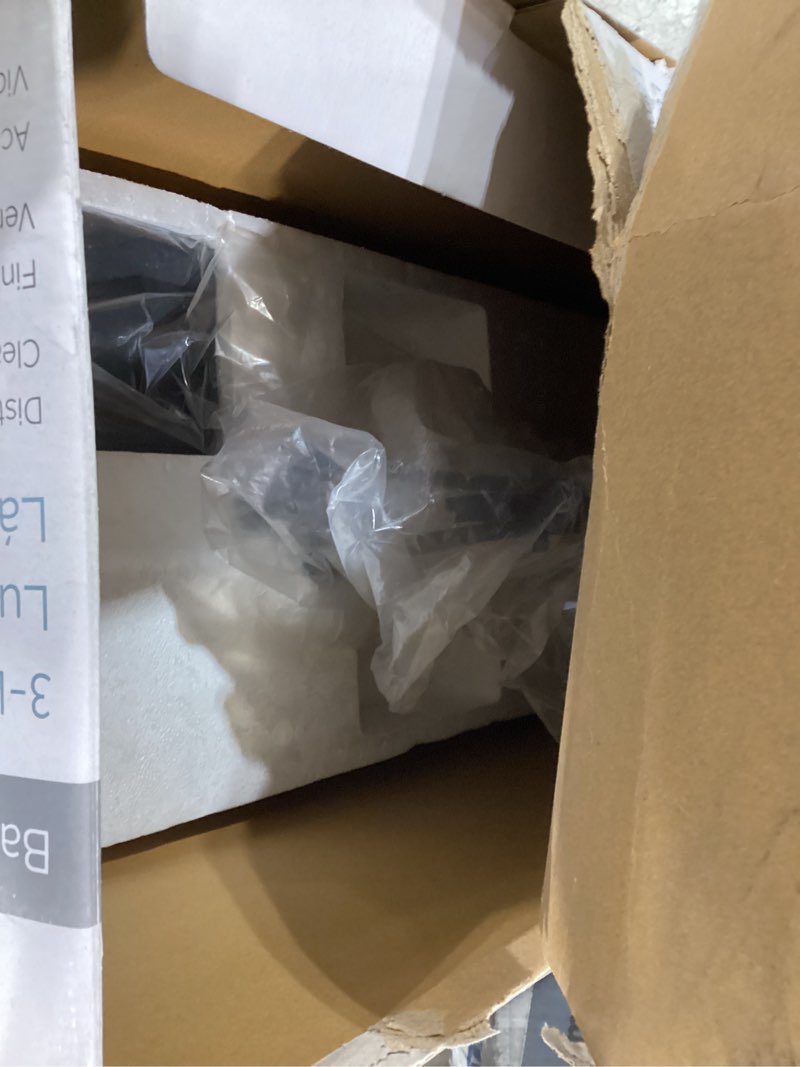 Condition photo showing As Is for Kichler Lighting Barrington 32.01-in W 3-Light Distressed Black and Wood Kitchen Island Light with Clear Shade