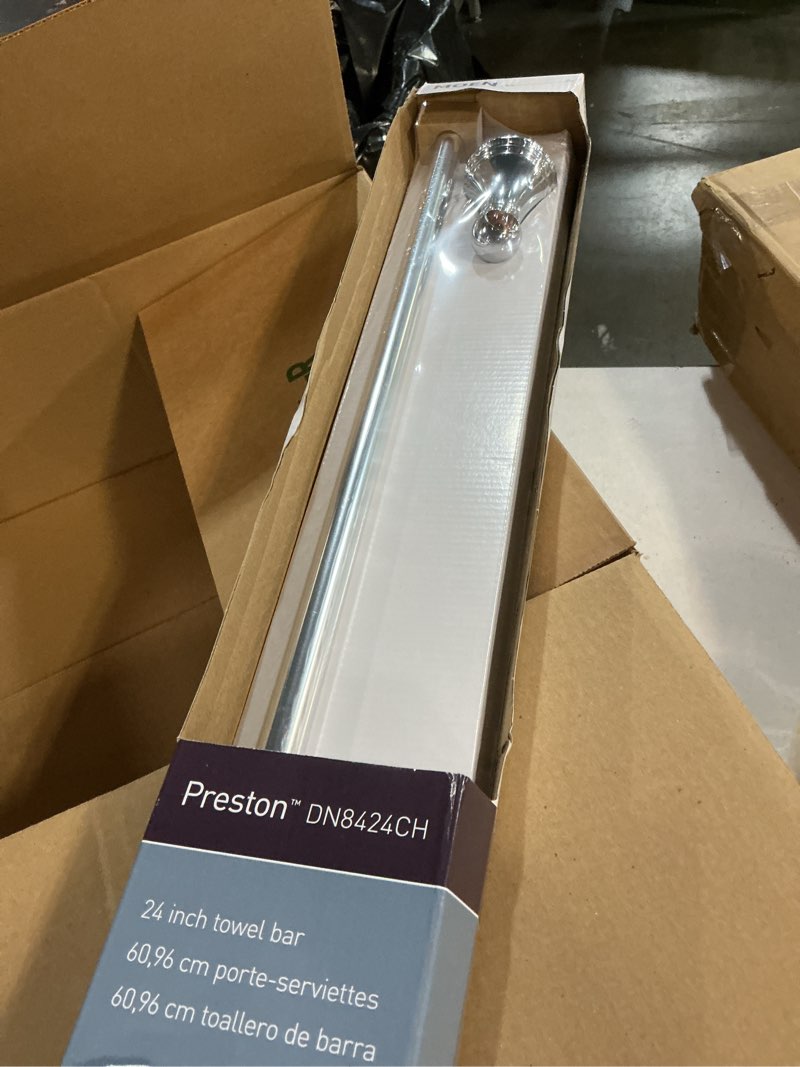 Condition photo showing New/Like New for moen preston collection chrome 24-inch single bathroom towel bar, wall mounted towel hanger for bath or kitchen, dn8424ch