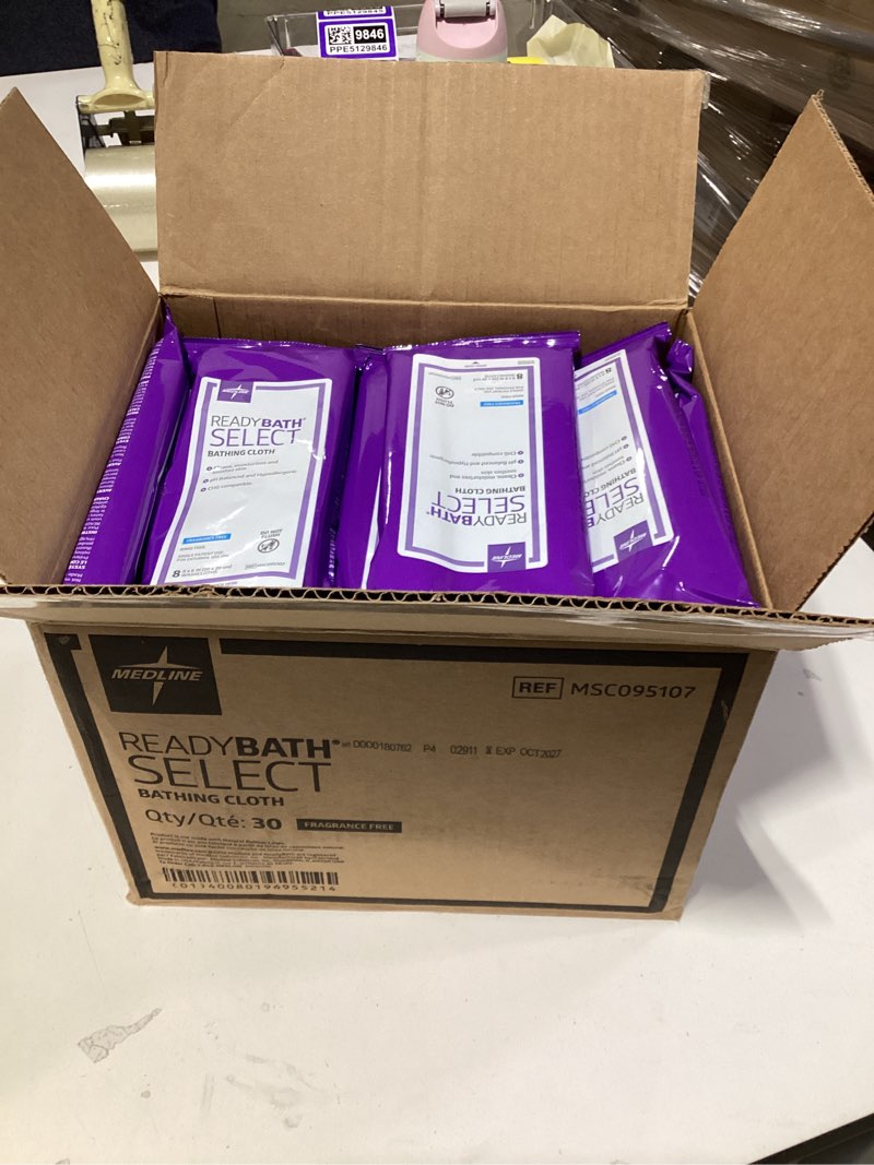 Condition photo showing Good Condition for medline readybath body wipes, shower and bath for adults, no rinse disposable washcloths, extra thick, hypoallergenic, alcohol-free, aloe-infused, unscented, 240 count (30 packs), 8x8 inch fragrance free 8 count (pack of 30)