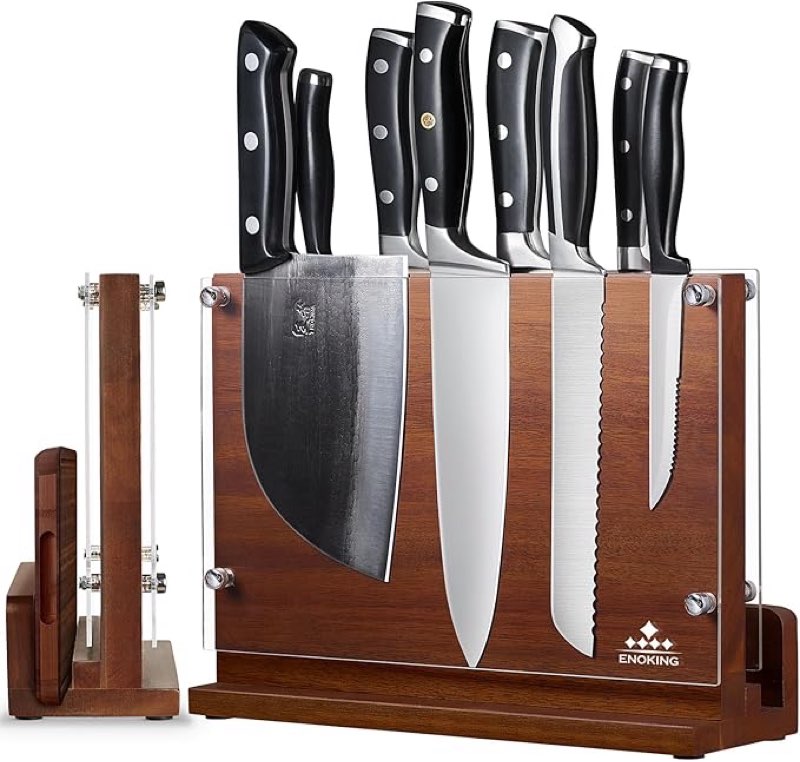 ENOKING Magnetic Knife Block with Acrylic Shield 12 x 9 Inches, Double Side Kitchen Knife Holder without Knives- Acacia Wood Universal Knife Storage Organizer with Powerful Magnet for Kitchen Counter