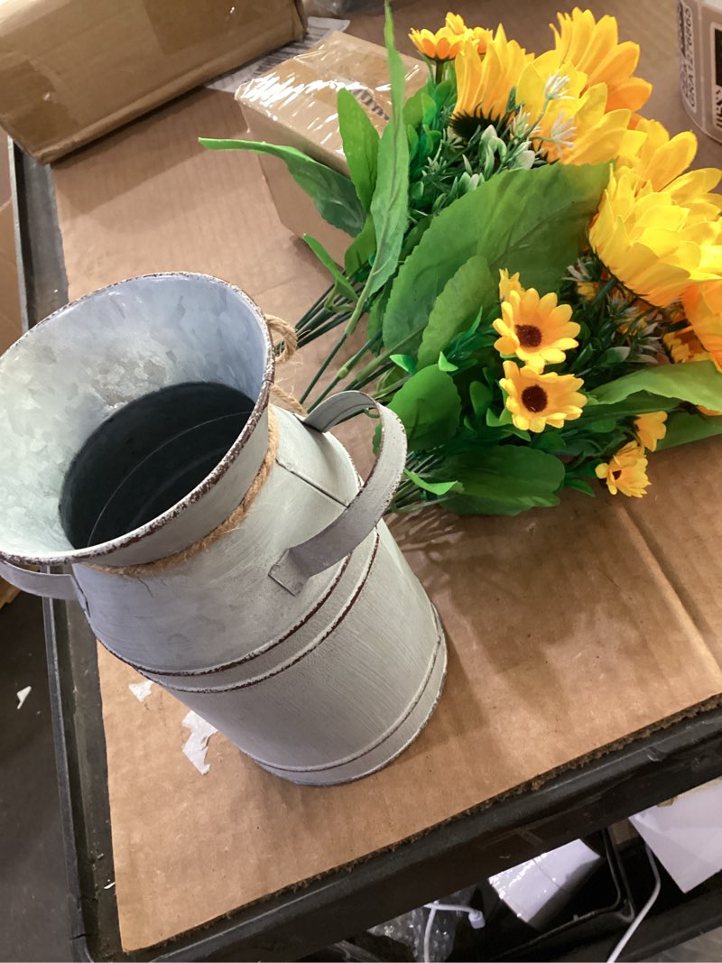Condition photo showing Good Condition for winlyn farmhouse sunflowers centerpiece metal milk jug artificial sunflower bunches summer floral arrangements 13" tall for rustic country kitchen living room everyday table centerpiece