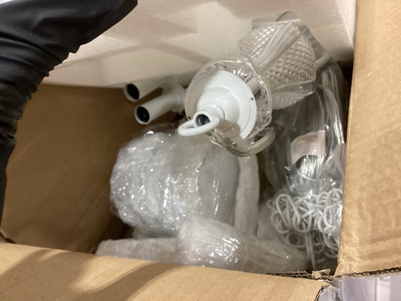 Condition photo showing Good Condition for Plug in Crystal Ceramic White Chandelier, Glass Chandeliers,White crystal Hanging Pendant Light with Clear Cord and On/Off, 4 Light Crystal Chandelier for wedding, Kitchen, Dining,Foyer, Mini room Plug-in WH