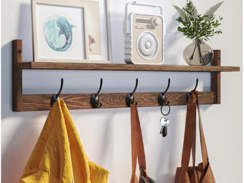 bameos wall-mounted wood shelf with 5 dual hooks for bathroom, living room, bedroom (white-with shelf) white-28.9in with shelf