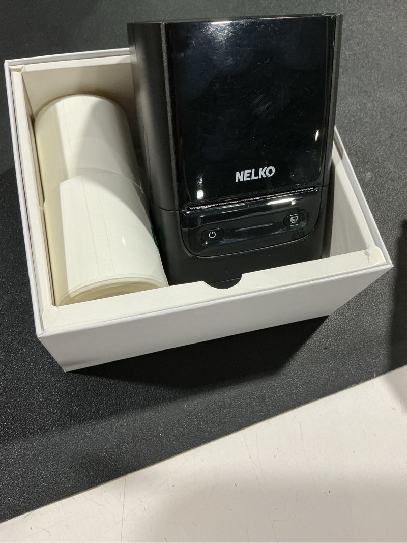 Condition photo showing As Is for nelko label maker machine with tape, pm220 bluetooth label printer, 2 inch portable thermal printer for small business, logo, clothing, sticker printer for phones & pc, with 3 labels, white