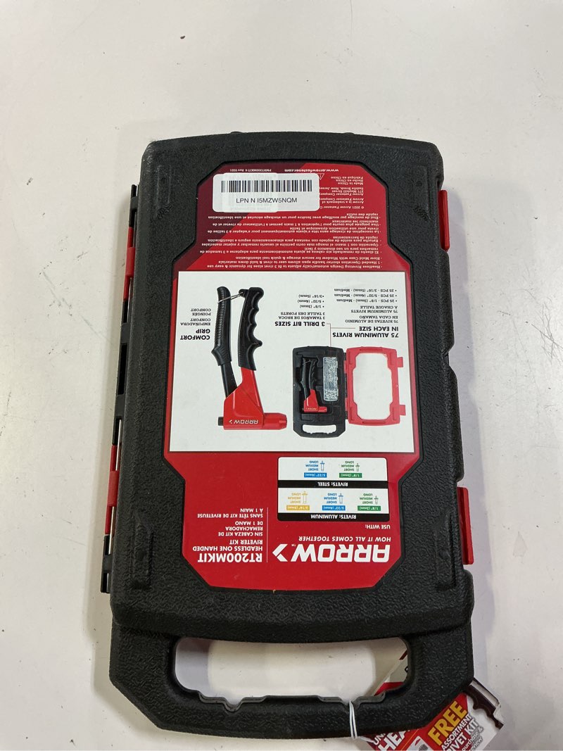 Condition photo showing New/Like New for arrow rt200mkit headless one-handed rivet tool kit, manual riveter set for metal, fabric, leather, and auto repair, uses 1/8-inch, 5/32-inch, 3/16-inch rivets, includes storage case and 300 rivets