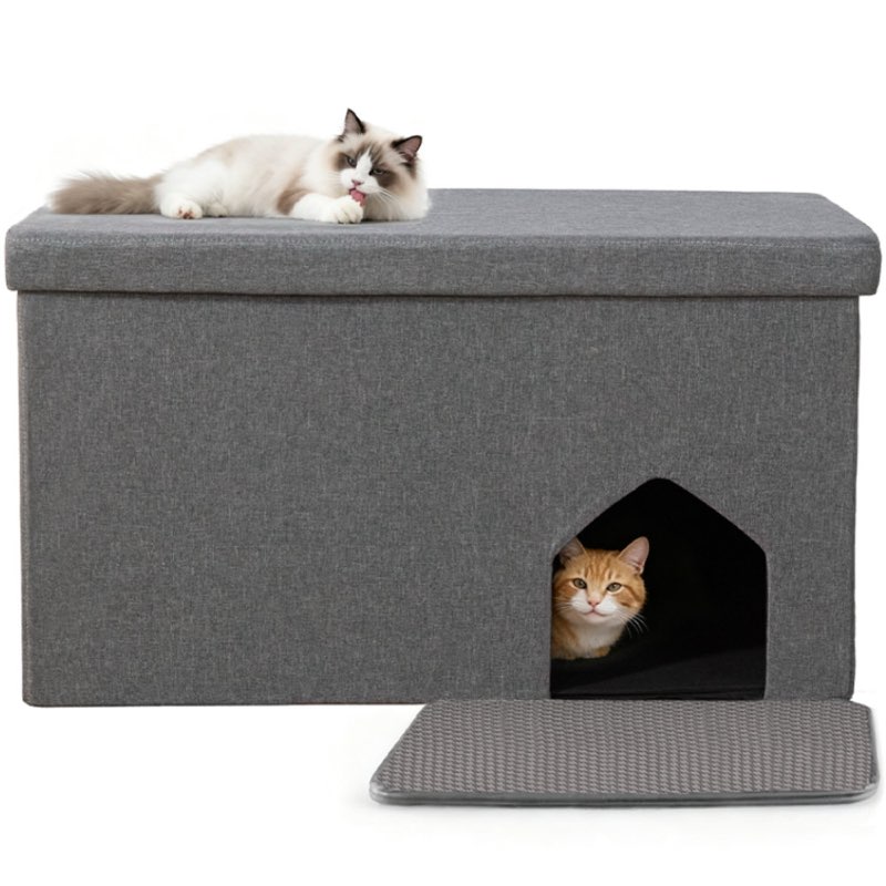 cat litter box enclosure hidden furniture, foldable cat washroom bench with removable divider storage space, large cabinet cats litter ottoman, dog poof
