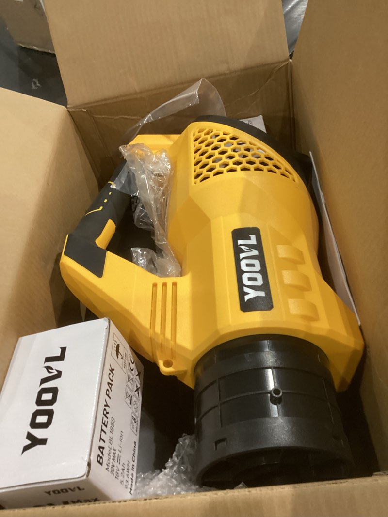 Condition photo showing Good Condition for Leaf Blower Cordless, 650CFM Electric Leaf Blowers with 2 x 5.2Ah Batteries and Charger, 3 Speed Modes, 1 x Adjustable Shoulder Strap, Powerful Blowers for Lawn Care, Patio, Dust, Blowing Leaves Plastic Yellow