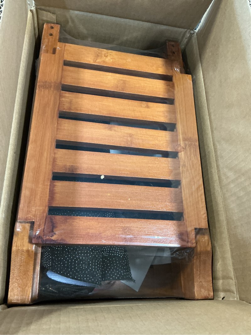 Condition photo showing New/Like New for Bamboo Shower Bench with Storage Shelf – Waterproof Bamboo Shower Bench for Inside Shower, Spa and Outdoor Use with 370 lbs Capacity Includes Bath Mat Puff and Manual