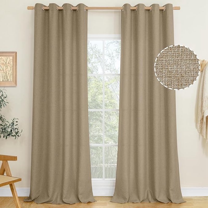 LAMIT 2 natural linen curtain panels 84 inches long, linen textured, thermally insulated, with eyelets, light filter curtains for living room/farm, 52 inches