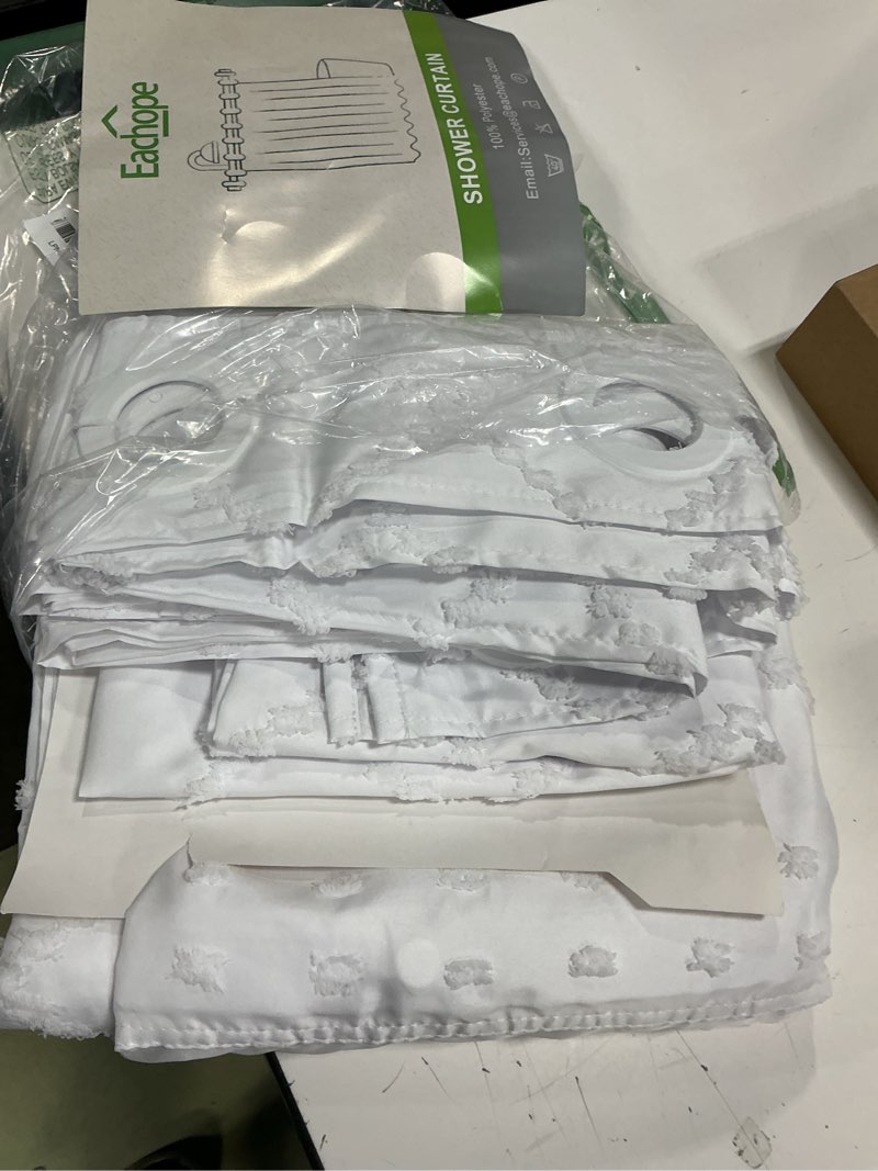 Condition photo showing Good Condition for eachope white no hook shower curtain and fabric liner set, boho tufted chevron striped and shabby chic textured shower curtain with a see-through top window, hotel décor, 71" w x 77" h 71"w x 77"l (pack of 1) white