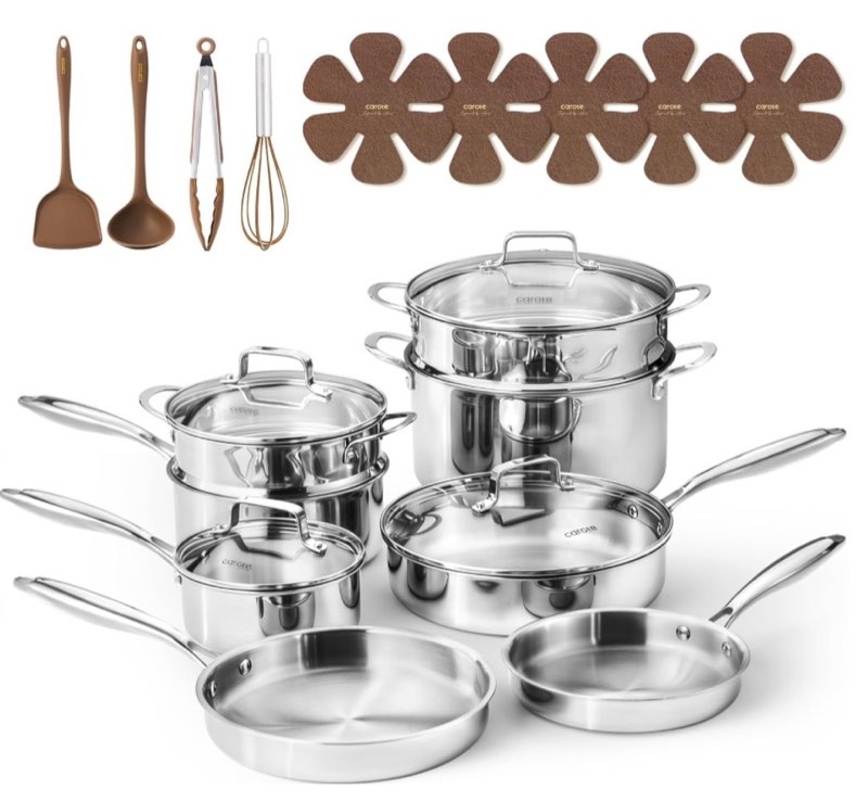 carote 21pcs tri-ply stainless steel cookware set, pots and pans set, non toxic induction kitchen co