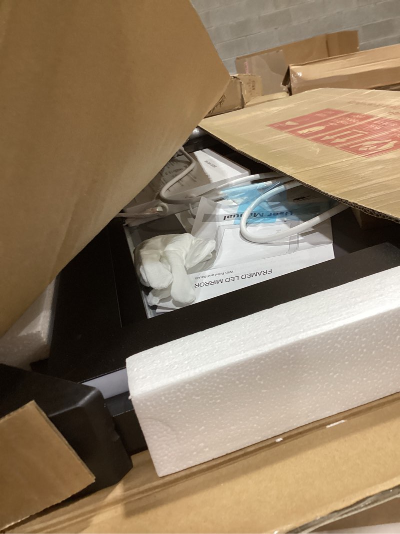 Condition photo showing As Is for Amorho 20x28 Inch LED Bathroom Mirror with Black Frame, Anti-Fog