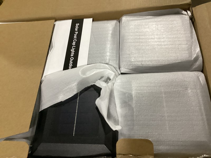 Condition photo showing New/Like New for solar post cap lights 12 pack, upgraded outdoor fence post lights for 4x4 4.5x4.5 5x5 vinyl/wood posts, black deck posts cap light solar powered with warm white/cool white for garden patio porch black 12-pack