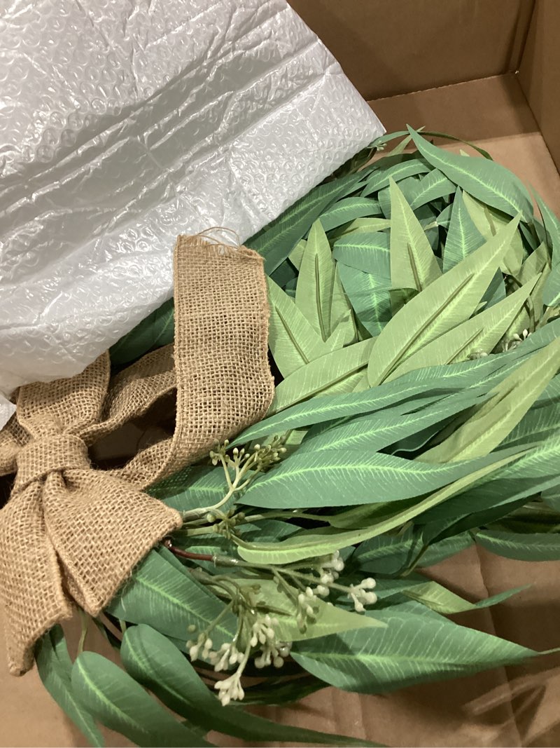 Condition photo showing Good Condition for 20" heart-shaped artificial eucalyptus wreath - eco-friendly lifelike foliage, small florals & burlap bow | spring summer farmhouse decor, year-round for front door, wall, wedding arch, indoor outdoor 1