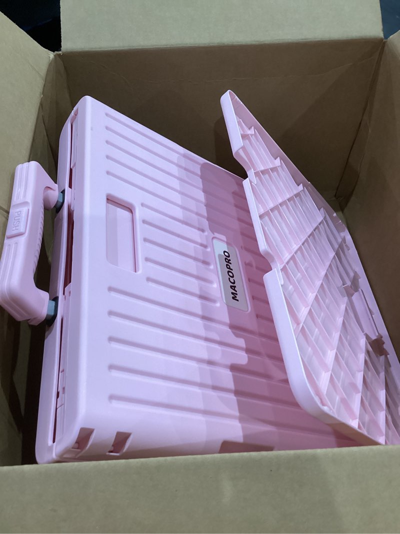 Condition photo showing As Is for Folding Utility Cart Portable Rolling Crate Handcart Shopping Trolley Collapsible Tool Box, with Lid, Basket on 4 Rotate Wheels, for Grocery, Shopping, Office, Teacher (Pink)