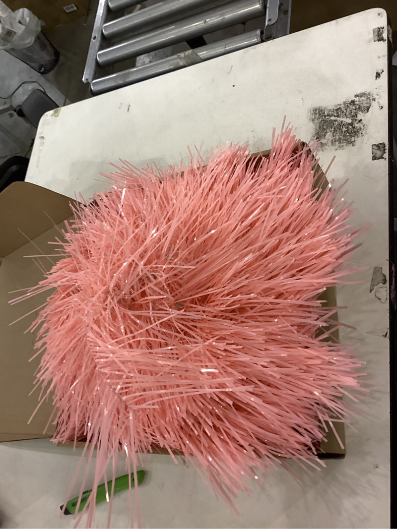 Condition photo showing As Is for 6 FT Shaggy Pop Up Christmas Tree with 100 Timer Lights and Remote, Pink Collapsible Artificial Tinsel Christmas Pencil Tree for Home Apartment Office Holiday Party Decor, Easy Assembly Pink 6ft