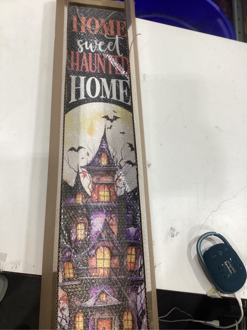 Condition photo showing Good Condition for Spoontiques Haunted Home Porch Sign - Decorative Home Décor Wooden Signs - Rustic Outdoor Decoration - Durable and Weatherproof - Entryway Decoration - 8" x 40"