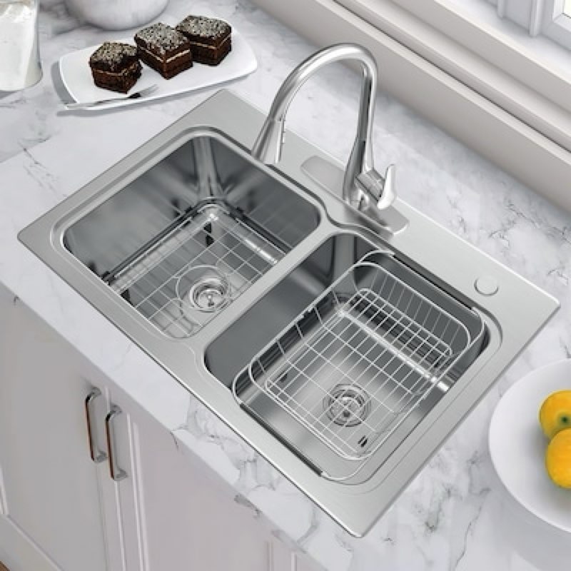 allen + roth hoffman drop-in or undermount 33-in x 22-in stainless steel double equal bowl 20 -gauge kitchen sink all-in-one kit