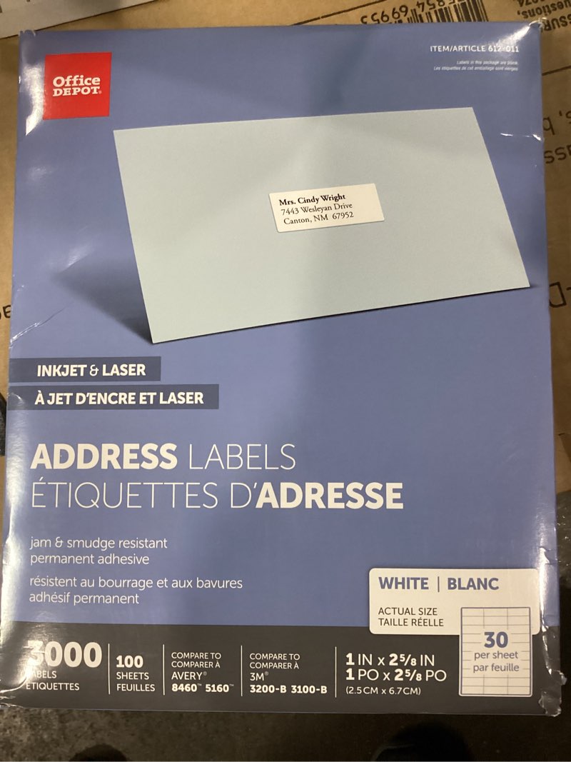 Condition photo showing As Is for office depot white inkjet/laser address labels, 1in. x 2 5/8in., box of 3,000, 505-o004-0004