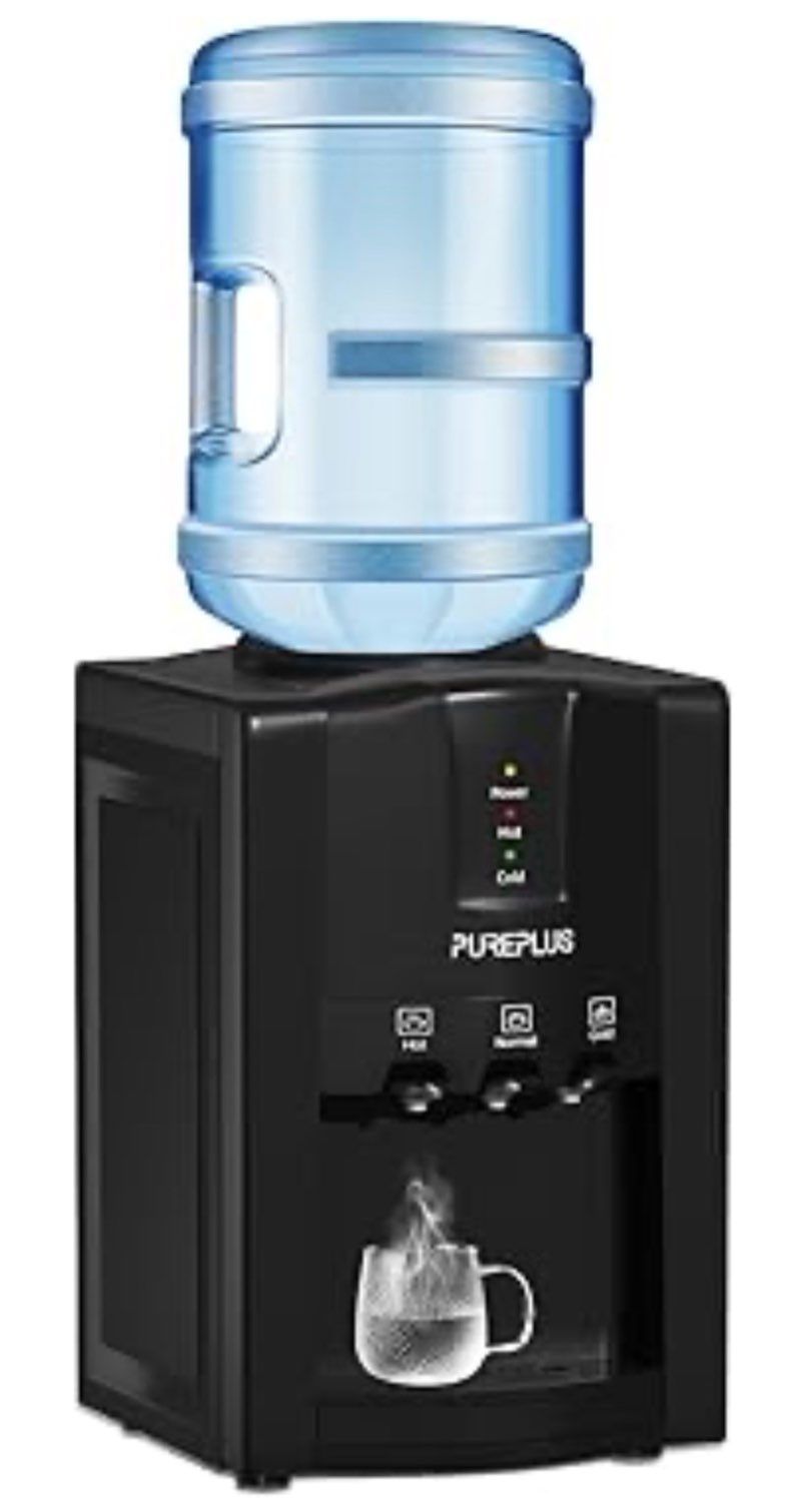 PUREPLUS Top Loading Water Cooler Dispenser, Countertop Water Cooler for 3 or 5 Gallon Bottles, Hot & Cold Water, 3 Temperature Settings, Child Safety Lock, Removable Drip Tray for Home, Office
