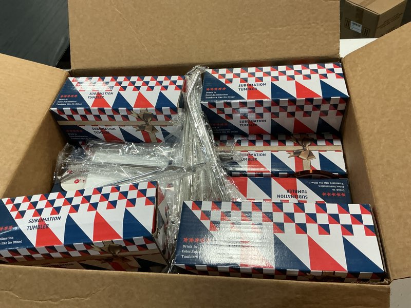 Condition photo showing New/Like New for 12 pack 20 oz sublimation tumbler set double walled stainless steel skinny straight blank tumbler sublimation cup with lid, straw, shrink wrap, rubber base for heat transfer heat press