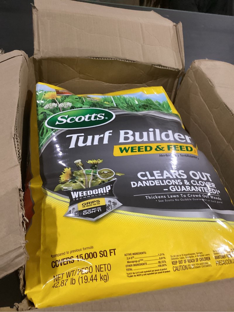 Condition photo showing New/Like New for scotts turf builder weed and feed3 - weed killer plus lawn fertilizer, controls dandelion and clover, grass fertilizer for up to 15,000 sq. ft., 42.87 lbs.