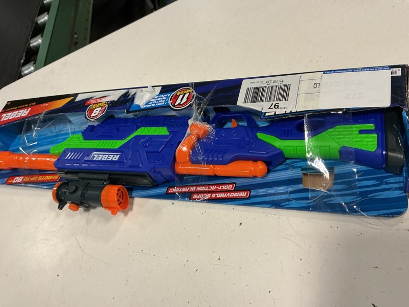 Condition photo showing As Is for adventure force rebel foam dart blaster set, bolt-action clip-fed design, 1 blaster with 8 accu-blast darts, clip and detachable scope, compatible with most standard nerf blasters, ages 8+