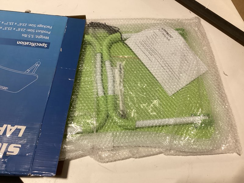 Condition photo showing As Is for Slendor Lap Desk with Cup Holder, Foldable Laptop Table for Bed, Portable Bed Desk for Laptop and Writing, Computer Tray with Tablet Slot, Notebook Stand Reading Holder for Couch Sofa Floor,Green