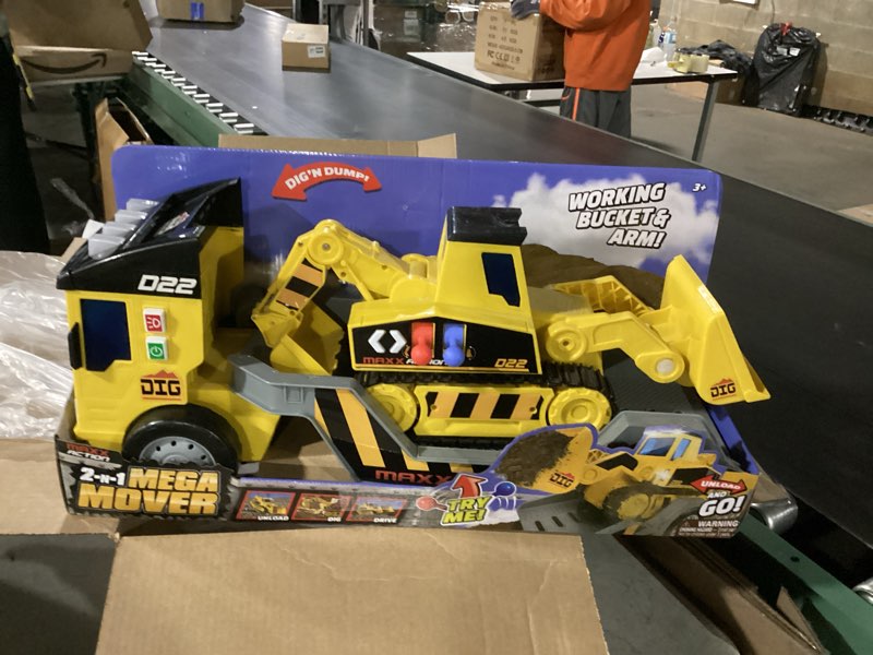 Condition photo showing New/Like New for Sunny Days Entertainment Maxx Action 2-N-1 Mega Mover – Construction Truck and Trailer with Lights, Sounds and Motorized Drive, Yellow, Large