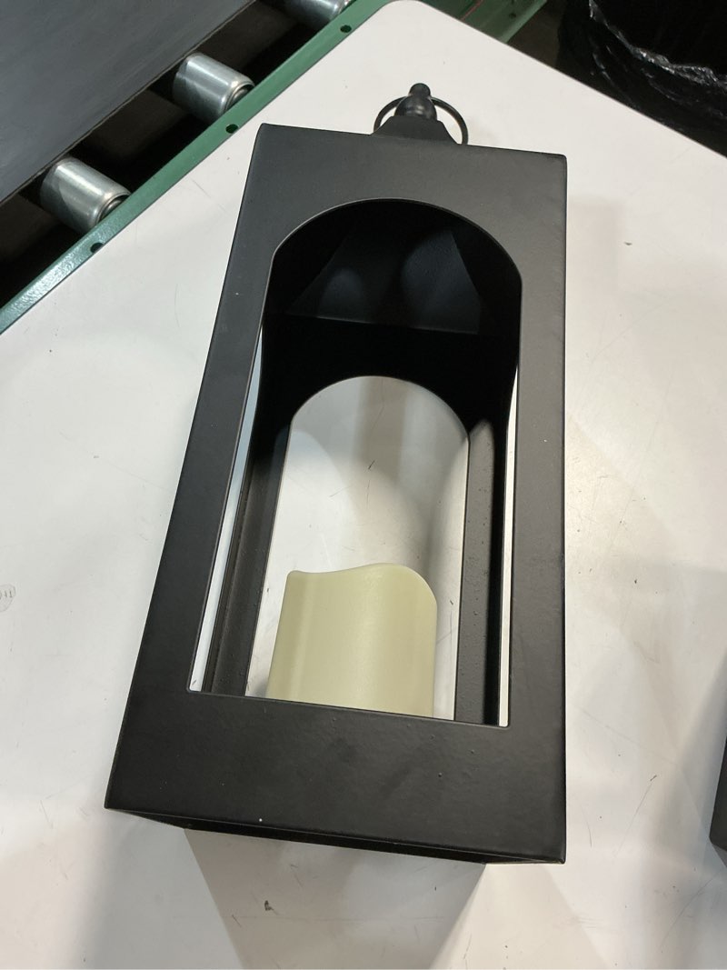 Condition photo showing As Is for modern farmhouse lantern decor, black metal decorative hanging candle lanterns ideal for home decor, parties & events, 17.5\" high (no glass panel)