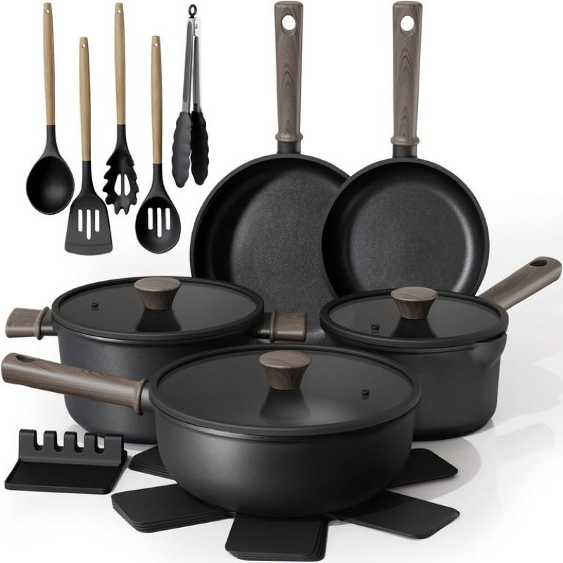 astercook 18-piece pots and pans set, black titanium induction nonstick cookware set, oven safe to 480°f, induction compatible & dishwasher safe, kitchen cooking set for rv trips, camping and picnic