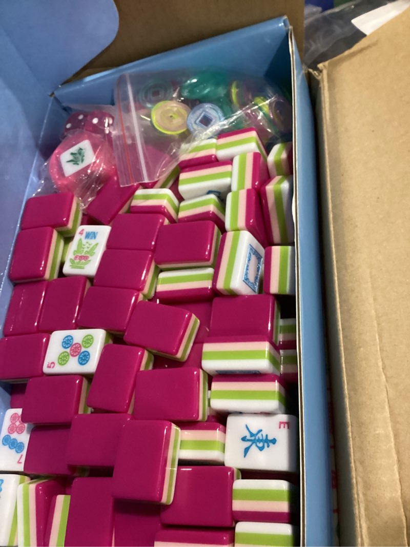 Condition photo showing Good Condition for tiasusan engraved american mahjong tile set(4 layer), 166 acrylic mahjong tiles with a carrying bag and accessories magenta(no racks)