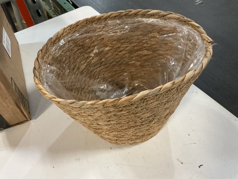 Condition photo showing Good Condition for household essentials wicker waste basket, woven leaf basket with wire frame, trash bin or storage basket for bedroom, bathroom, office and more stained hyacinth basket