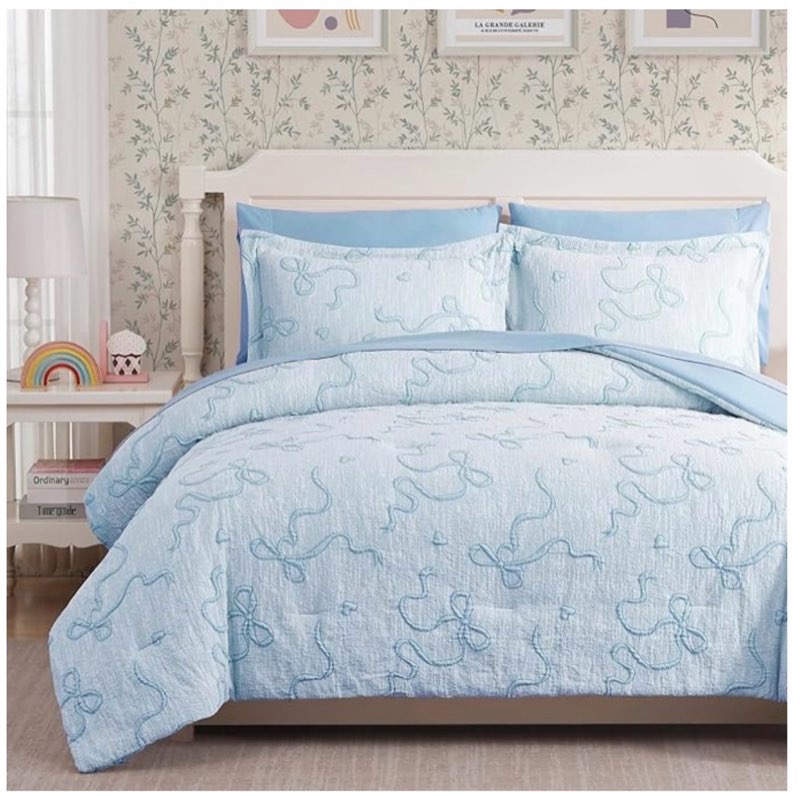 geniospin light blue full comforter set for girls- 7 pieces bowknot jacquard bed in a bag full bedding sets with sheets, pillowcases & shams, all season kids comforter set