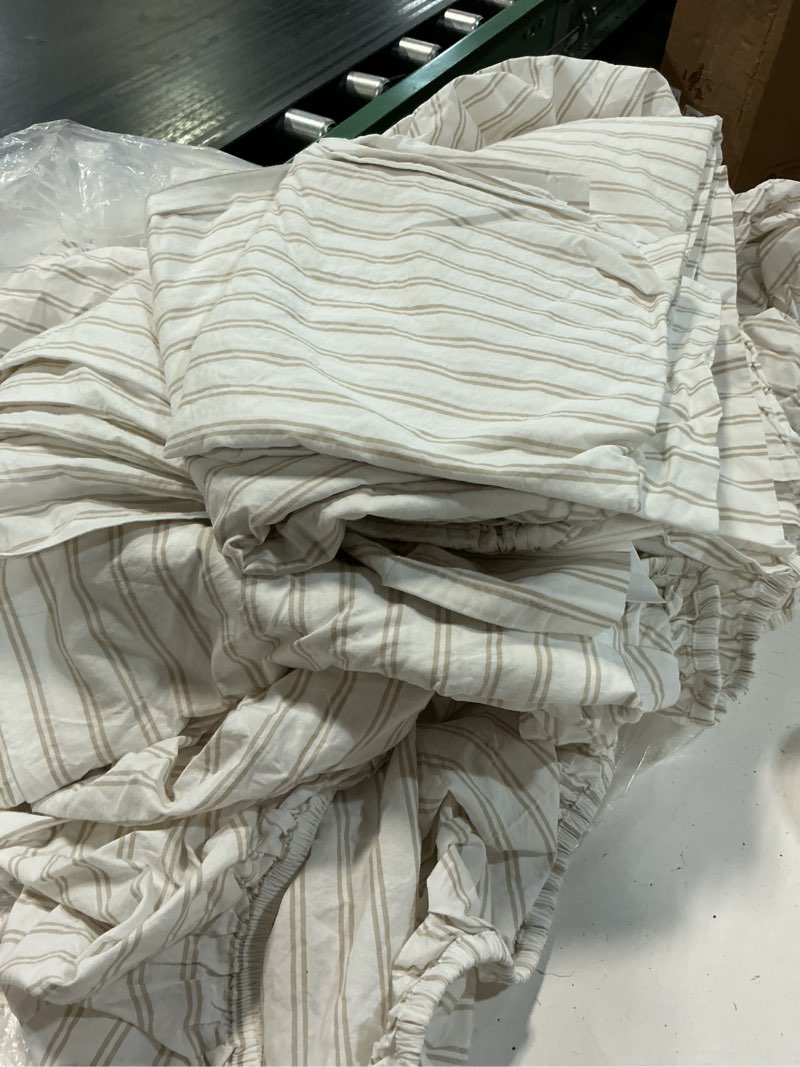 Condition photo showing As Is for organic crisp percale double stripe fitted sheet set color: white/toffee size: king