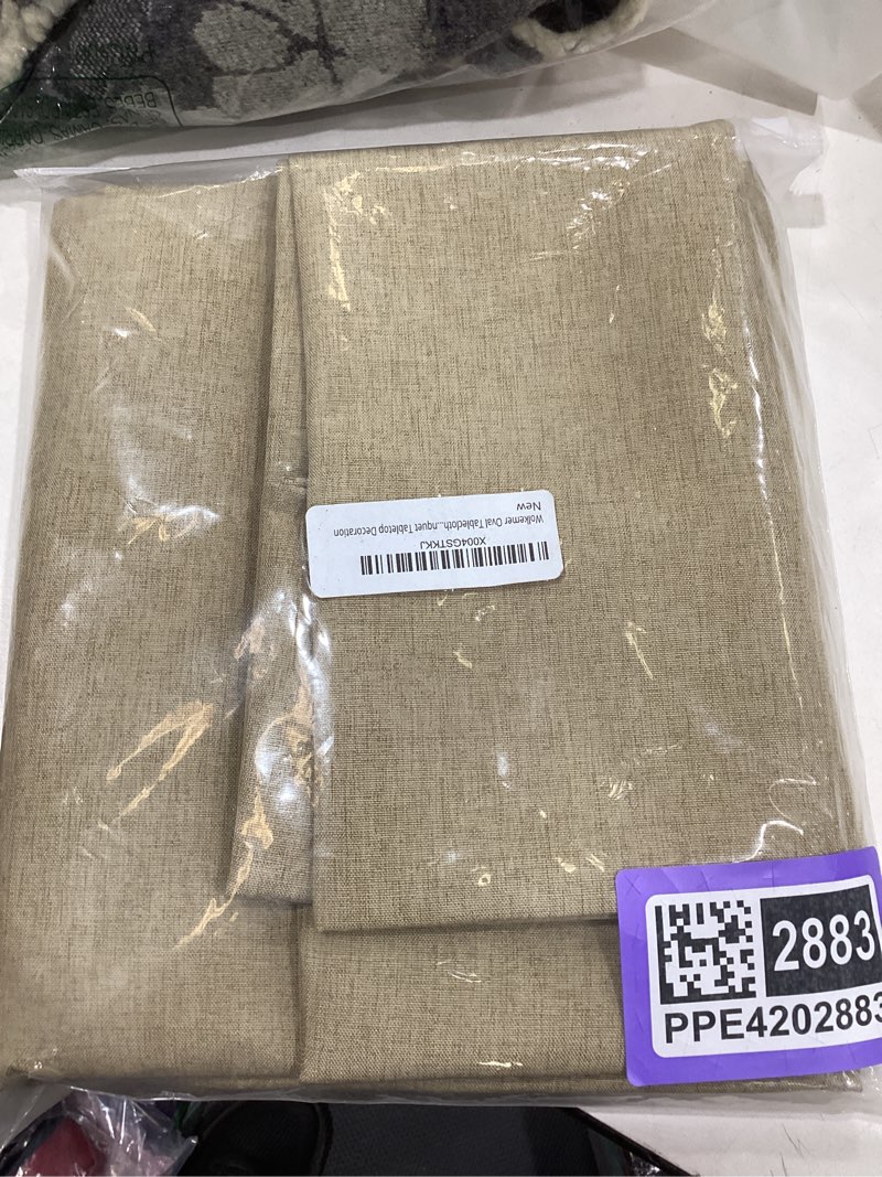Condition photo showing Good Condition for wolkemer oval tablecloth 60 x 84 inch faux linen khaki dining table cover water-resistant farmhouse decorative table cloth for outdoor indoor wedding party banquet tabletop decoration 84" x 60" (oval) khaki