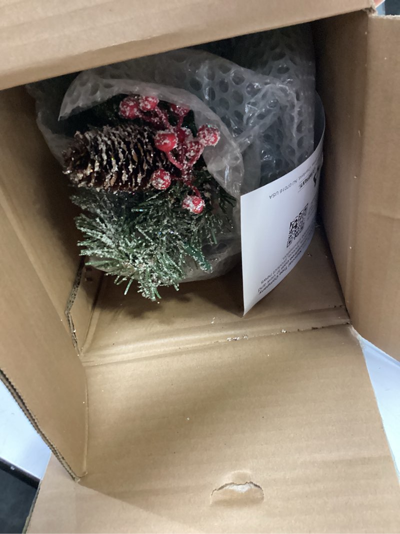 Condition photo showing Good Condition for national tree company pre-lit artificial mini christmas tree, green, dunhill fir, white lights, decorated with pine cones, berry clusters, frosted branches, includes cloth bag base, 3 feet