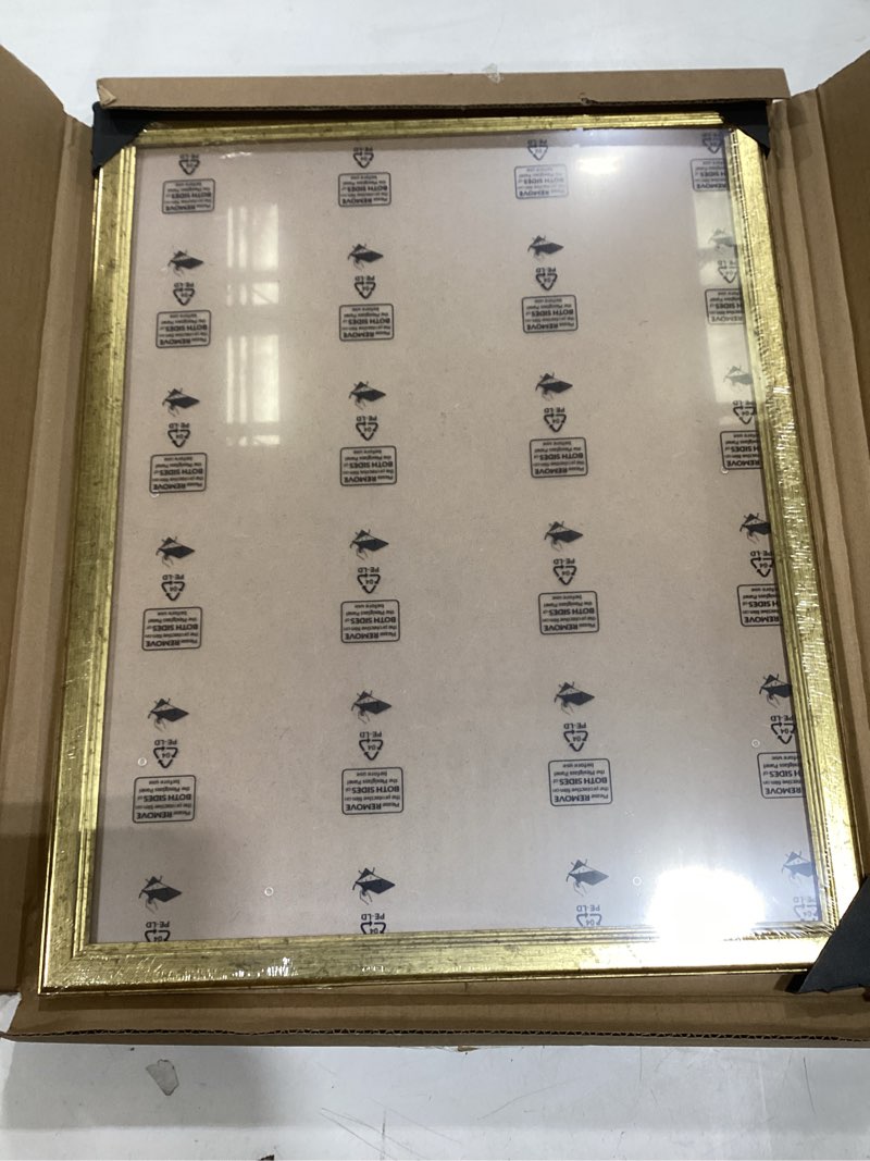 Condition photo showing Good Condition for Wood 14x18 Frame Gold, Ornate Natural 18x14in Poster Picture Frame, Modern Golden 14 x 18inch Gallery Wall Photo Frame with HD Plexiglass, Horizontal Vertical Wall Mounting Display 1pcs Gold 14x18
