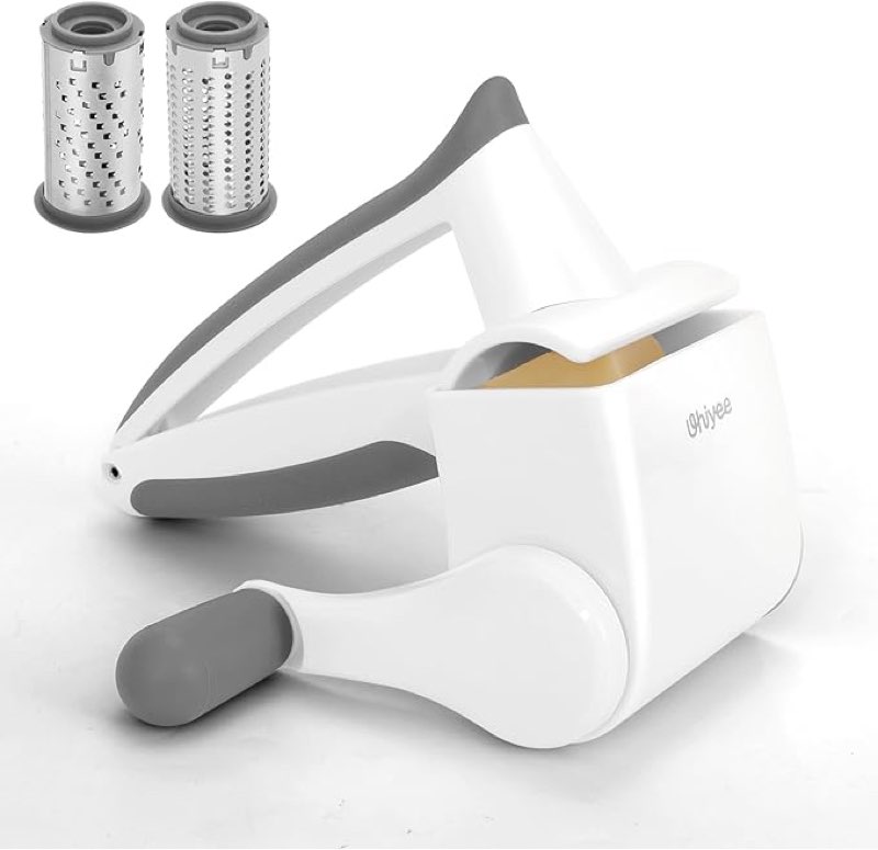 patented rotary parmesan cheese grater, hand crank cheese shredder with fine & coarse drums, restaurant quality, white, stainless steel & abs, dishwasher safe