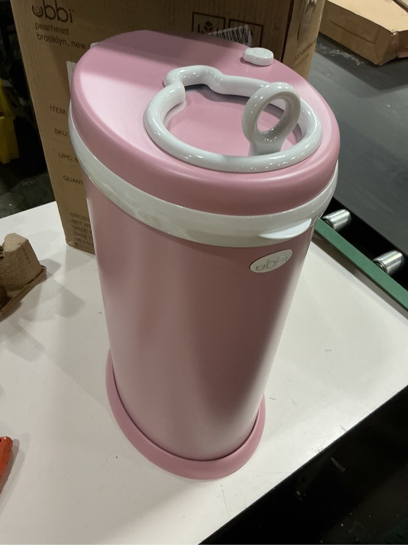 Condition photo showing As Is for ubbi stainless steel diaper pail, odor locking, no special bag required, award-winning, registry must-have, fig blossom