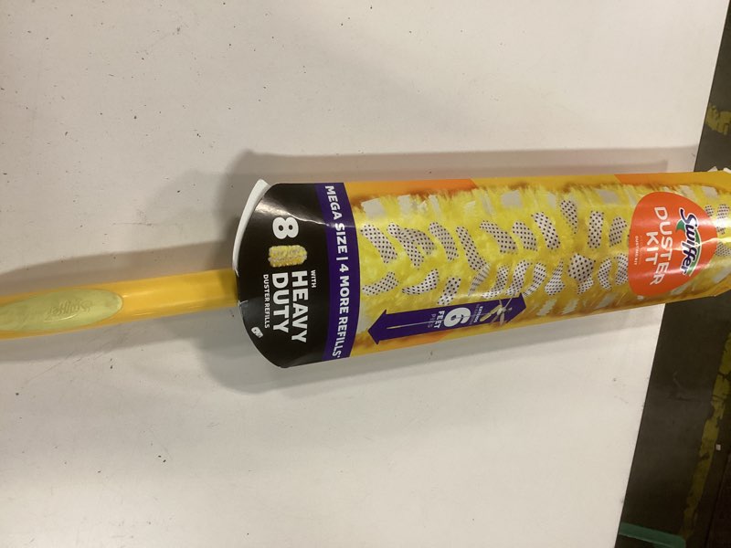 Condition photo showing New/Like New for swiffer duster kit with 6 ft super extendable handle, heavy duty starter kit with 8 refills