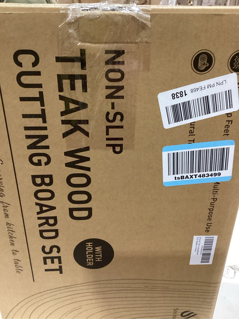 Condition photo showing As Is for 4 Pack Teak Wood Cutting Board Set for Kitchen Heavy Duty Non Toxic Non Slip Solid Thick Wood Haus C