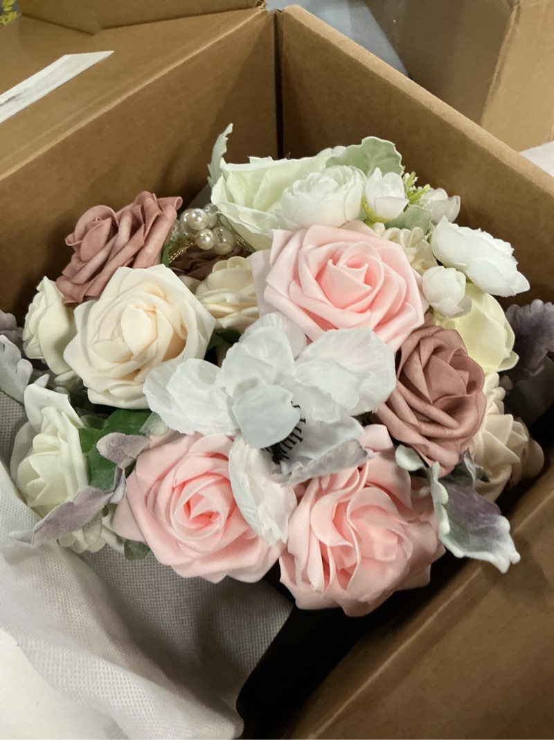 Condition photo showing As Is for Ling's moment Dusty Rose Bridal Bouquet for Bride, Blush Pink Wedding Bouquets for Bride, 13 Inch Silk Round Artificial Wedding Flowers Bouquets Pk-dusty Rose & Cream Small 13 Inch