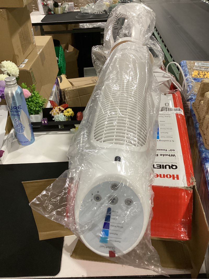 Condition photo showing As Is for honeywell quietset whole room oscillating tower filter fan with remote, white, hyf260