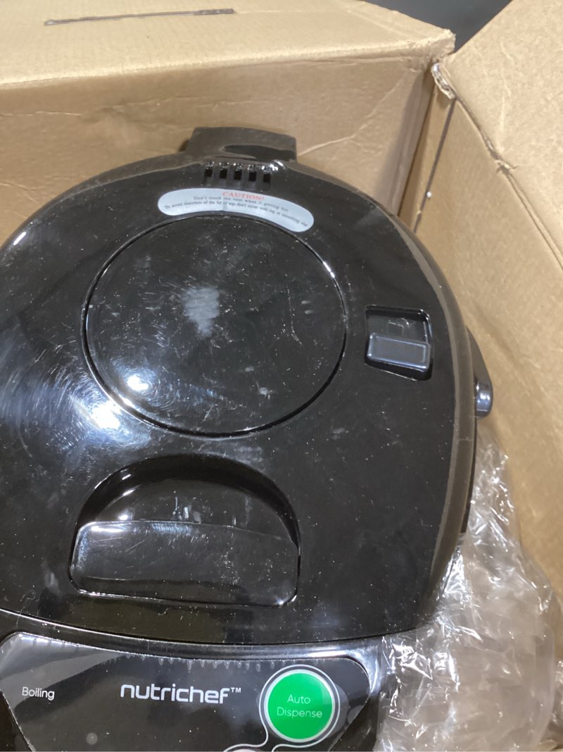 Condition photo showing As Is for nutrichef 5.2 qt electric water kettle, portable, quick heating, 5 liter digital kettle with 5 temperature settings, safety lock, stainless steel, 3 dispensing options, 8.46" x 11.2" x 16.5" 5.3 quarts
