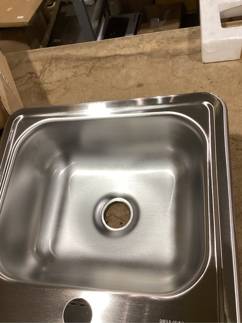 Condition photo showing As Is for elkay d115151 dayton single bowl drop-in stainless steel bar sink 15 x 15 with 2" drain hole 15 x 15 23 gauge 1 faucet hole with 2" drain hole