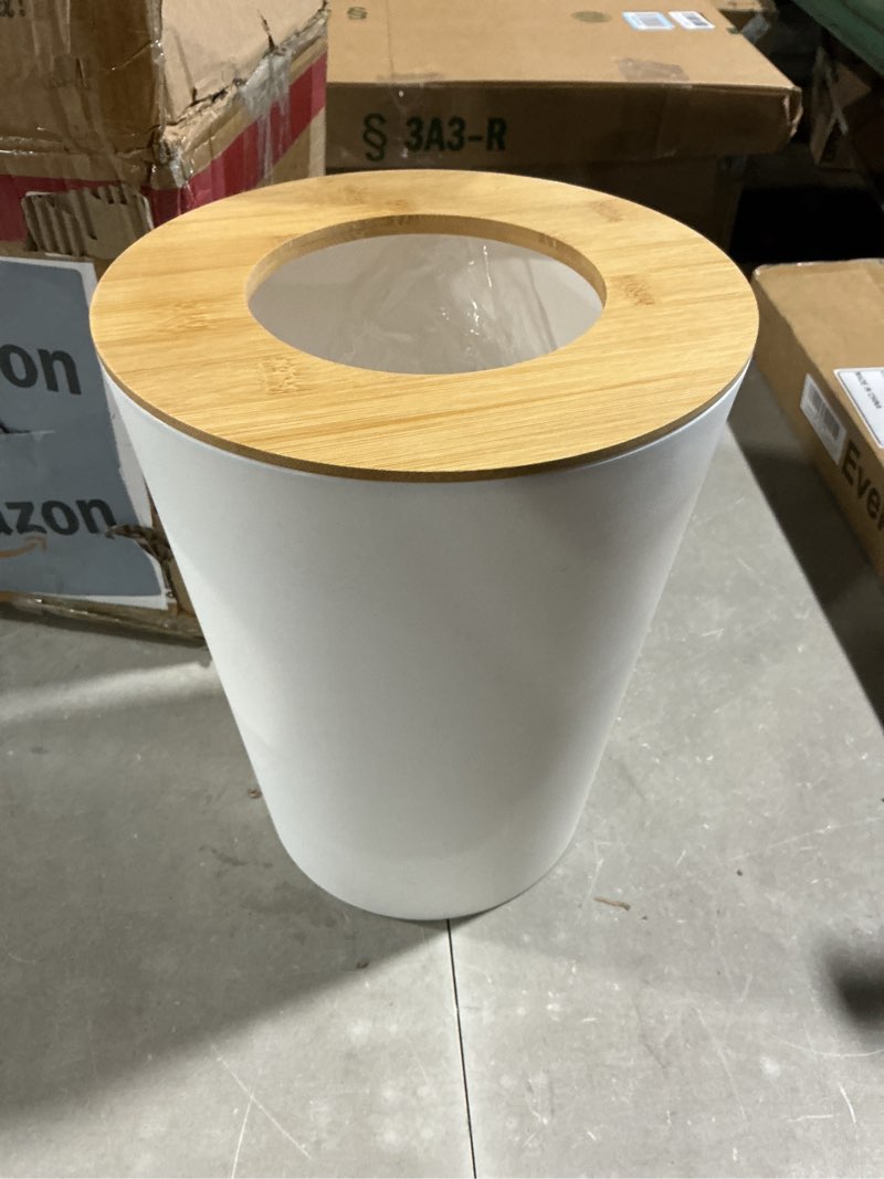 Condition photo showing Good Condition for white trash can for bedroom with bamboo lid, 2.4 gallon open top trash can , modern aesthetic garbage can for room office living room, small bathroom trash bin boho style white