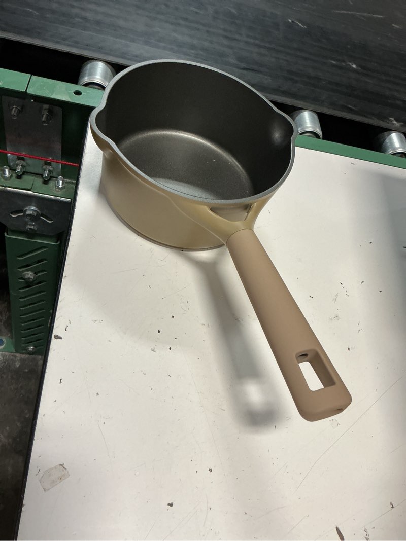 Condition photo showing As Is for pricusis nonstick saucepan with lid, 2 quart sauce pan, healthy sauce pot with pour spouts for multipurpose use, pfos & pfoa free, induction compatible, apricot