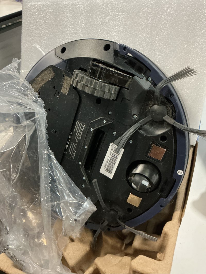 Condition photo showing As Is for robot vacuum cleaner and mop combo with app/voice/remote control, schedule, strong suction, tangle-free, slim, quiet, auto recharge for homes with pets, low pile carpet & hard floors